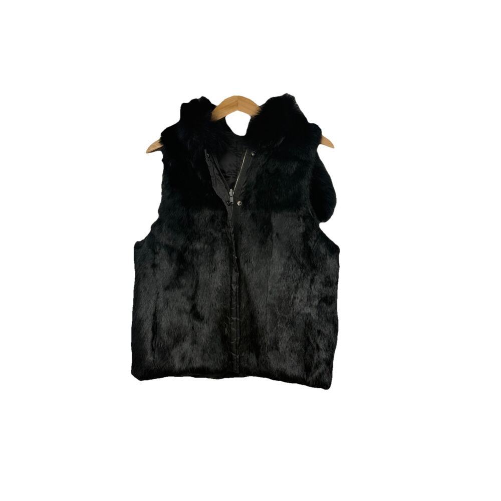 525 America Luxe Genuine Rabbit Fur Vest XS Mob Wife Black Classic Luxury Hooded